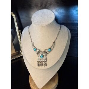 Jen Turquoise Cabochon Silver Tone Bib Statement Necklace Boho Artisan